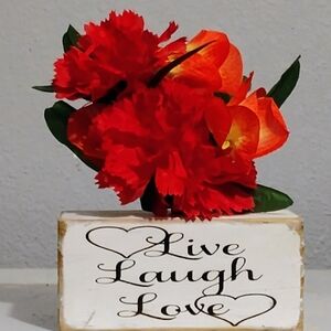 Live Laugh Love Floral Arrangement with Red and Orange Accents